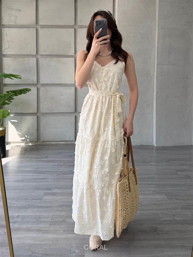 Yonca Nakışlı Düğmeli Elbise 39669 Naturel