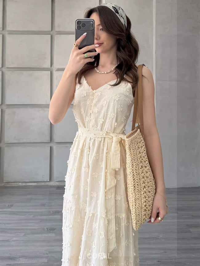 Yonca Nakışlı Düğmeli Elbise 39669 Naturel
