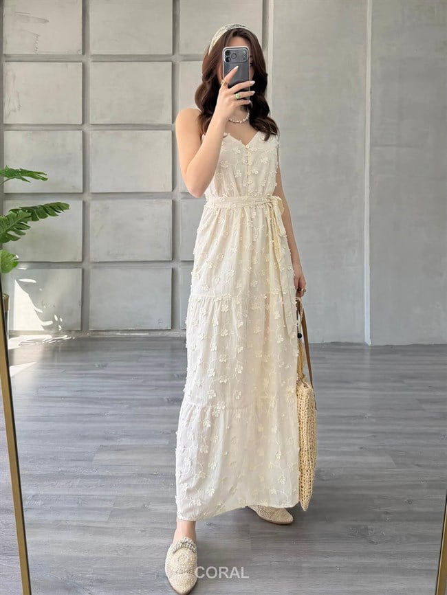 Yonca Nakışlı Düğmeli Elbise 39669 Naturel