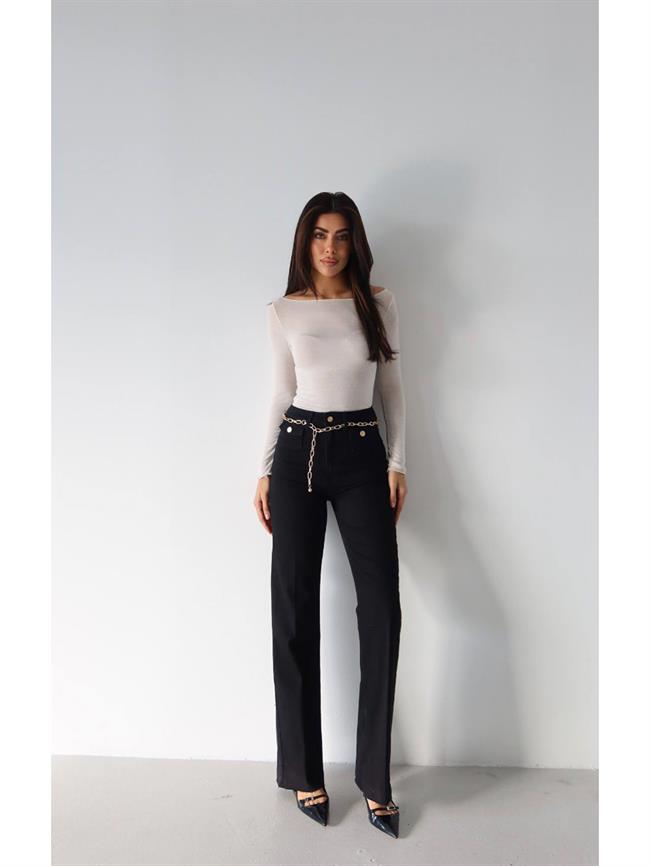 Zincir Kemerli Gabardin Pantolon 8158-1 Siyah