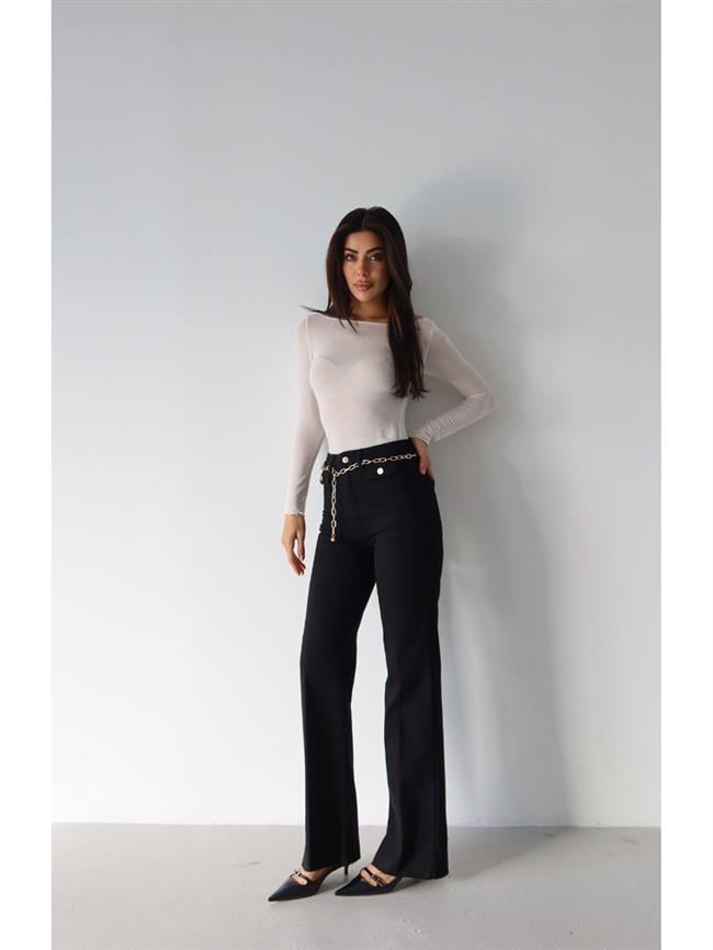 Zincir Kemerli Gabardin Pantolon 8158-1 Siyah