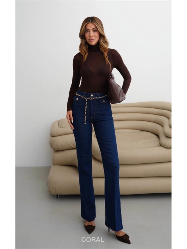 Zincir Kemerli Kot Pantolon 8158 Lacivert