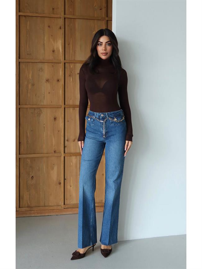 Zincir Kemerli Kot Pantolon 8158 Mavi