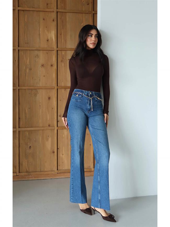 Zincir Kemerli Kot Pantolon 8158 Mavi