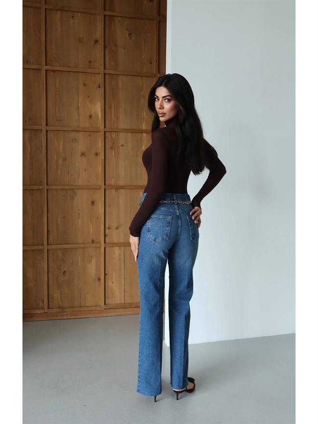 Zincir Kemerli Kot Pantolon 8158 Mavi