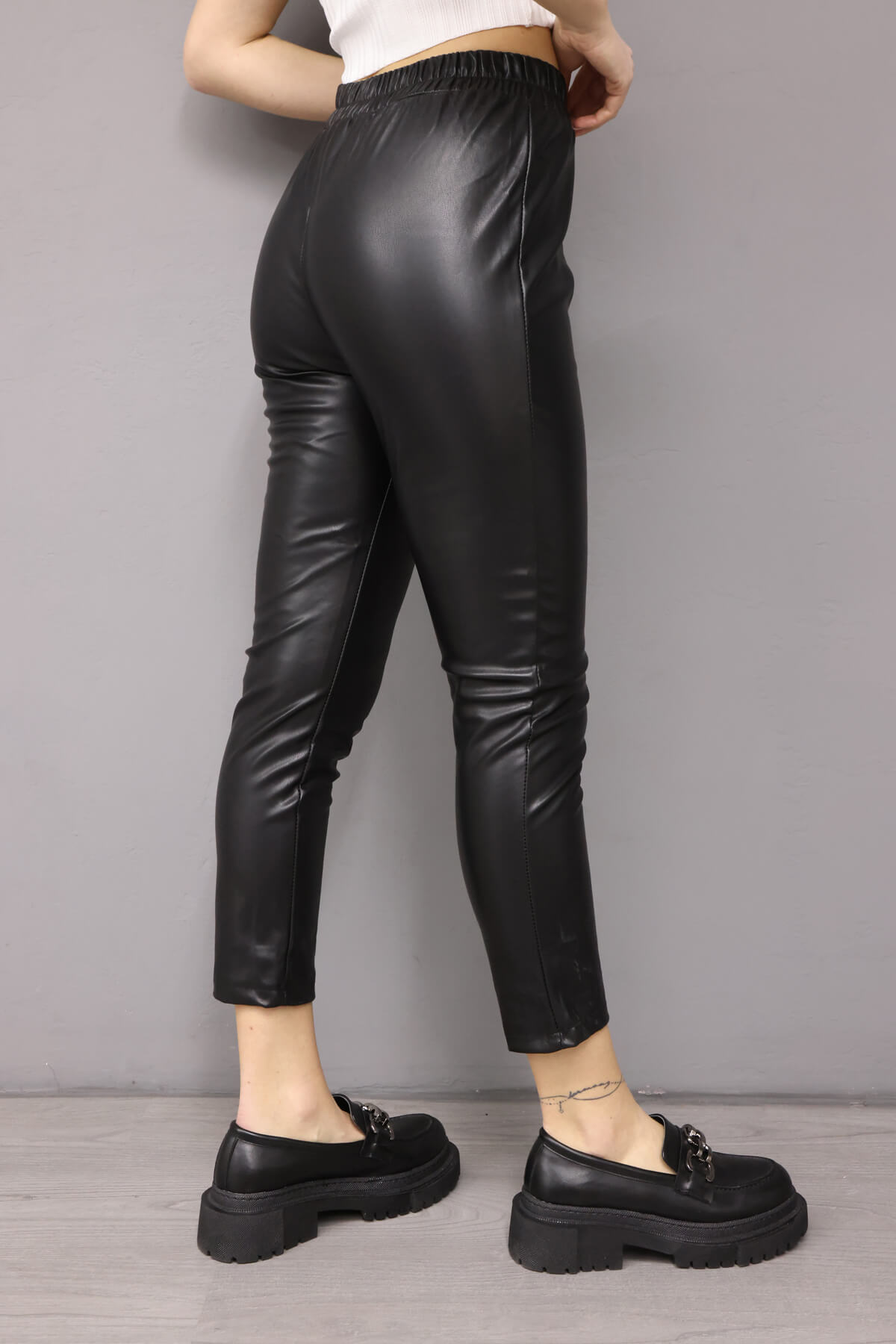 Elastic Waist Leather Trousers Black Coral