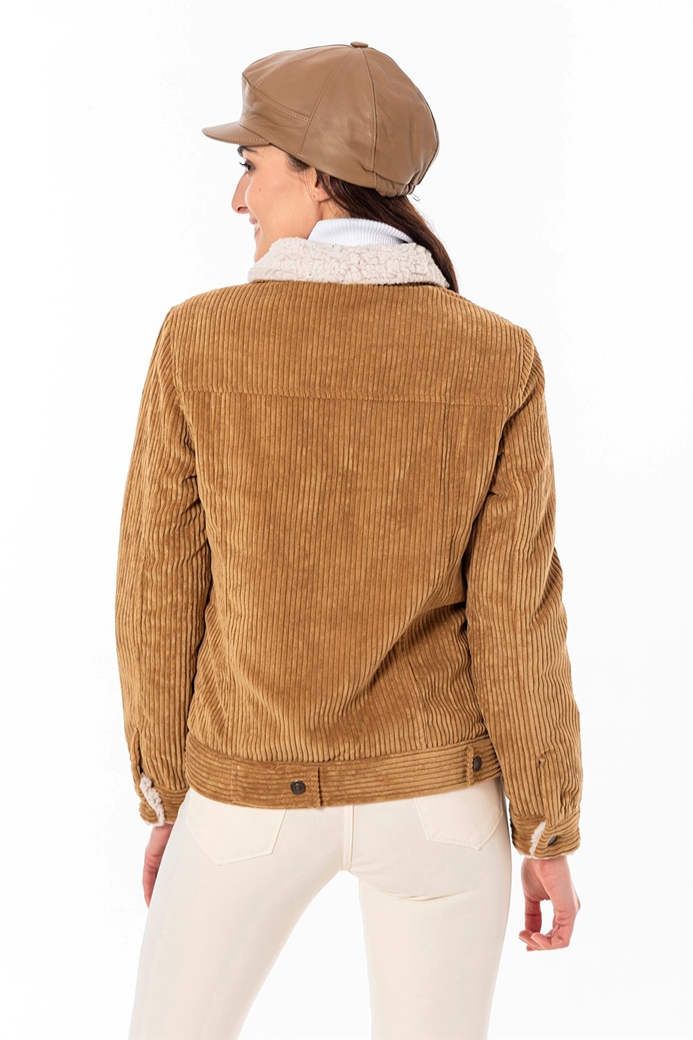 89279 Yakası Kürklü Kadife Fitilli Mont Camel - CORAL