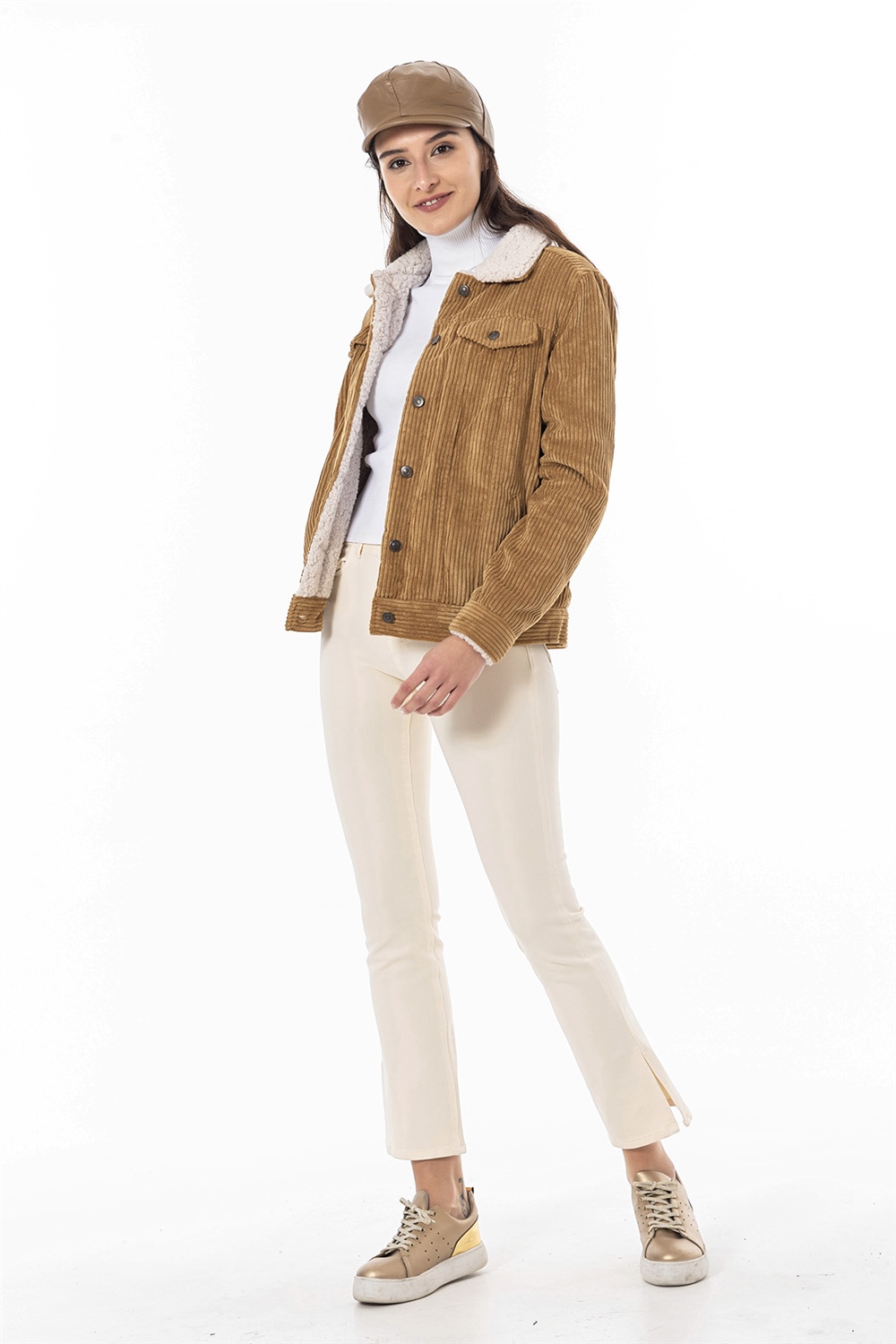 89279 Yakası Kürklü Kadife Fitilli Mont Camel - CORAL