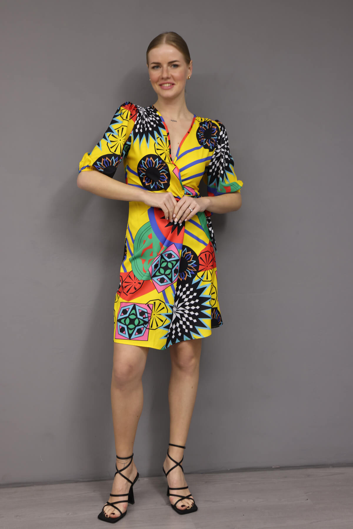 Patterned Double Breasted Belted Dress Yellow Coral