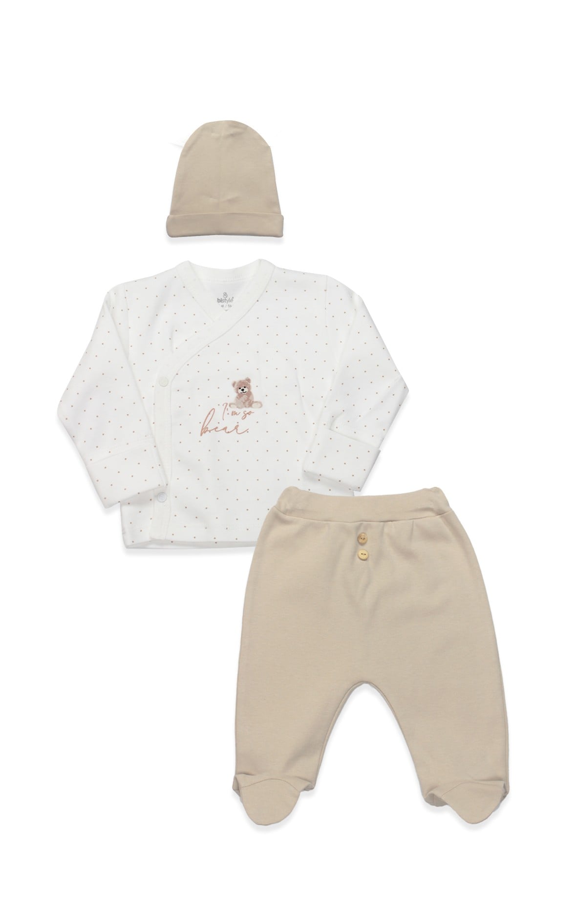 Hastane Çıkışı YenidoğanBistyleBistyle %100 Organik Pamuk Bebek 3'lü Takım Yenidoğan / So Bear Kız Erkek Unisex Bebek