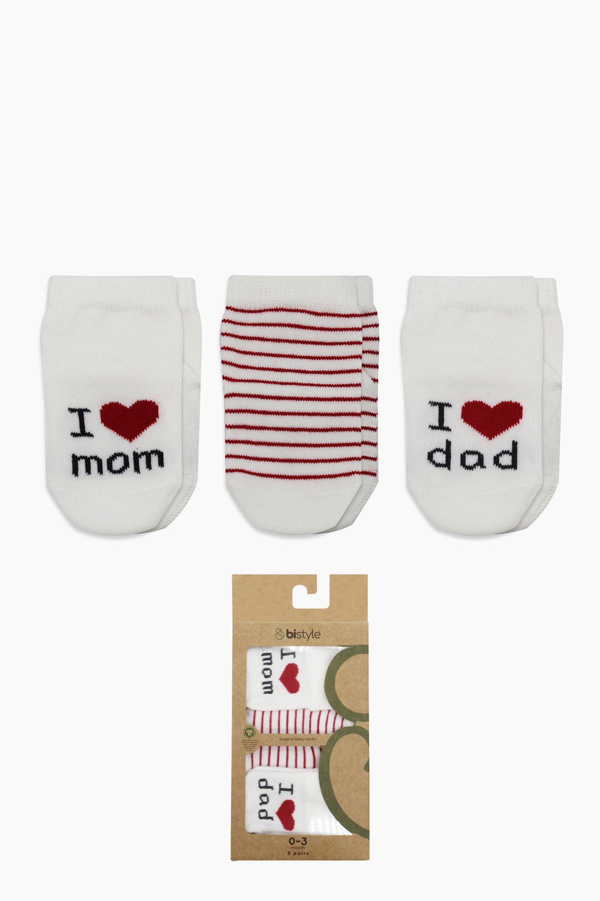 ÇORAPBistyleBistyle Organik Bebek 3lü Mom Dad Desenli Soket Çorap 0-3 Ay