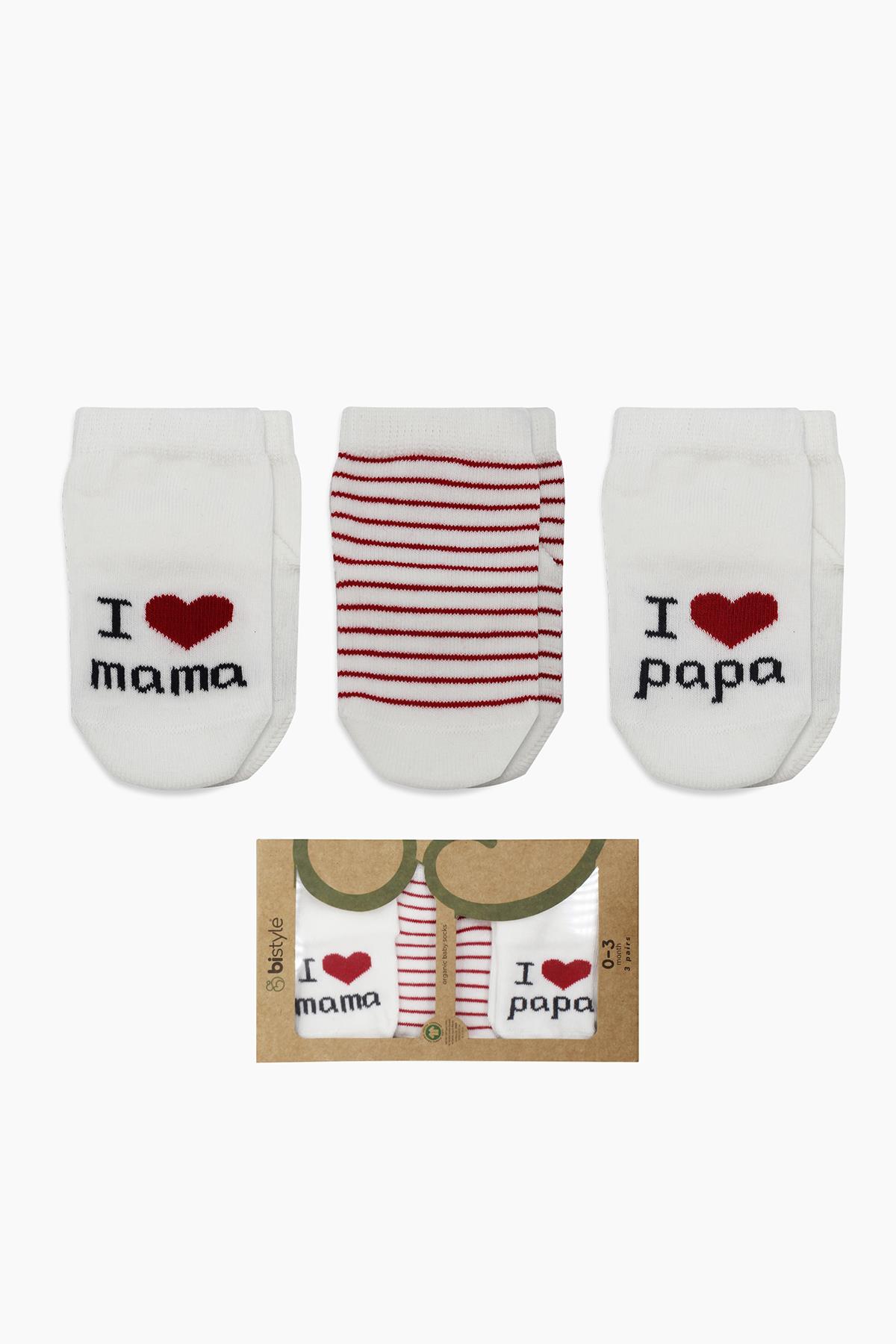 ÇORAPBistyleBistyle Organik Bebek 3lü Mama Papa Desenli Soket Çorap 0-3 Ay