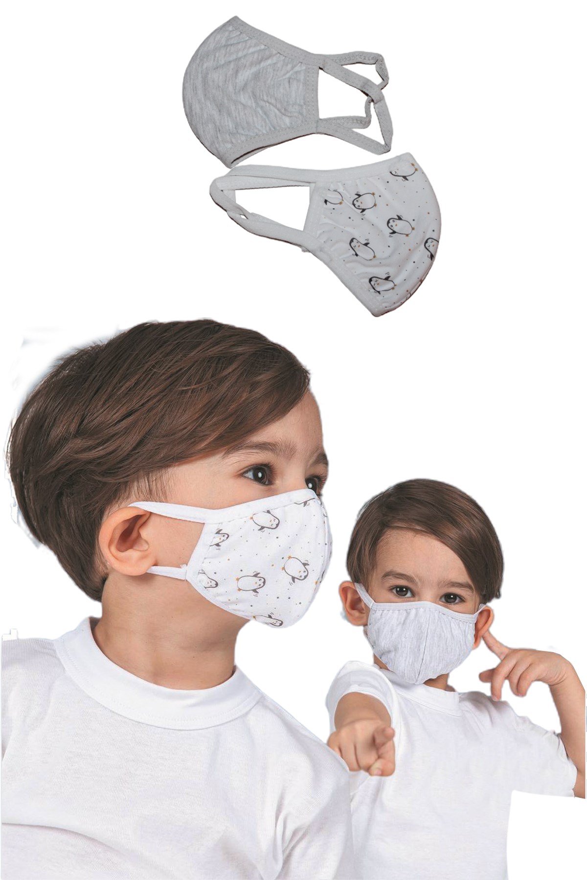 Biorganic Penguen Desenli Yıkanabilir %100 Organik Pamuk 2'li Kız Erkek  Çocuk Maskesi