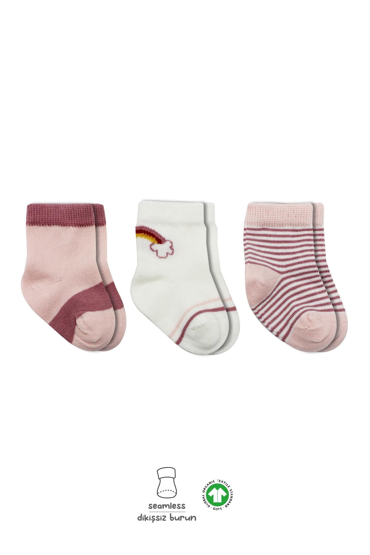 ÇORAPBistyleBistyle Organik Dikişsiz 3lü Rainbow Penye Soket Bebek Çorap 0-3 Ay