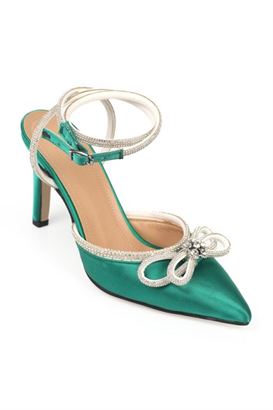 Capone Çimen Yeşili Taşlı Sivri Burunlu Yüksek Topuklu Saten Kadın Ayakkabı