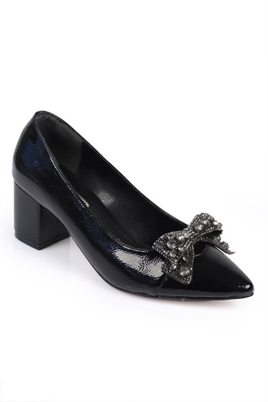 Capone Siyah 645 Kadın Topuklu Taşlı Fiyonklu Ayakkabı