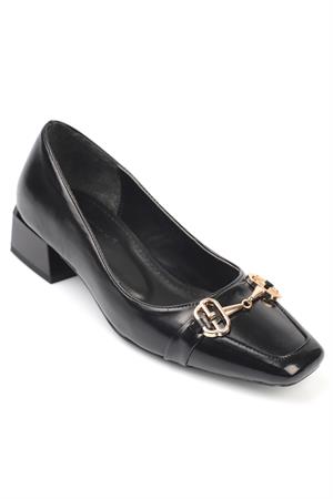 Capone Siyah Küt Burunlu Tokalı Kısa Topuklu Kadın Ayakkabı