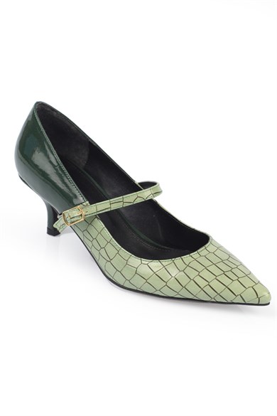 Capone Yeşil Mary Jane Orta Topuklu Kroko Desenli Stiletto Stiletto