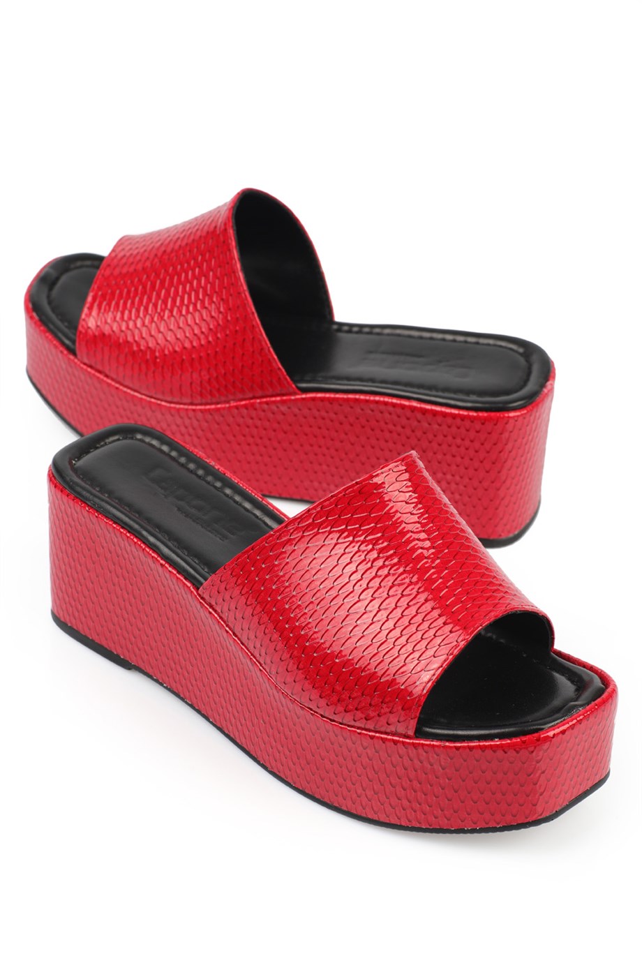 Capone Kırmızı Cilt Dolgu Topuklu Tek Bantlı Kadın Flatform Terlik |  Caponestore