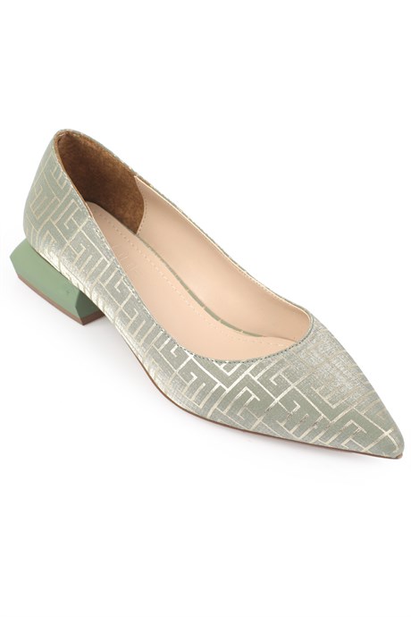Capone Mint Yeşili Sivri Burunlu Labirent Desenli Saten Kısa Topuklu Kadın Ayakkabı