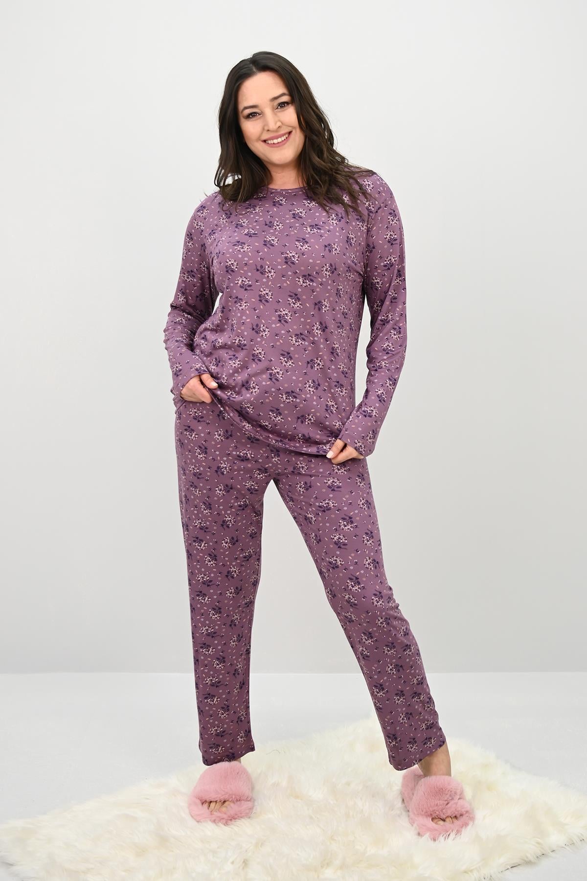 Kadın Büyük Beden Çiçek Desenli Uzun Kollu Pijama Takımı 4235-25
