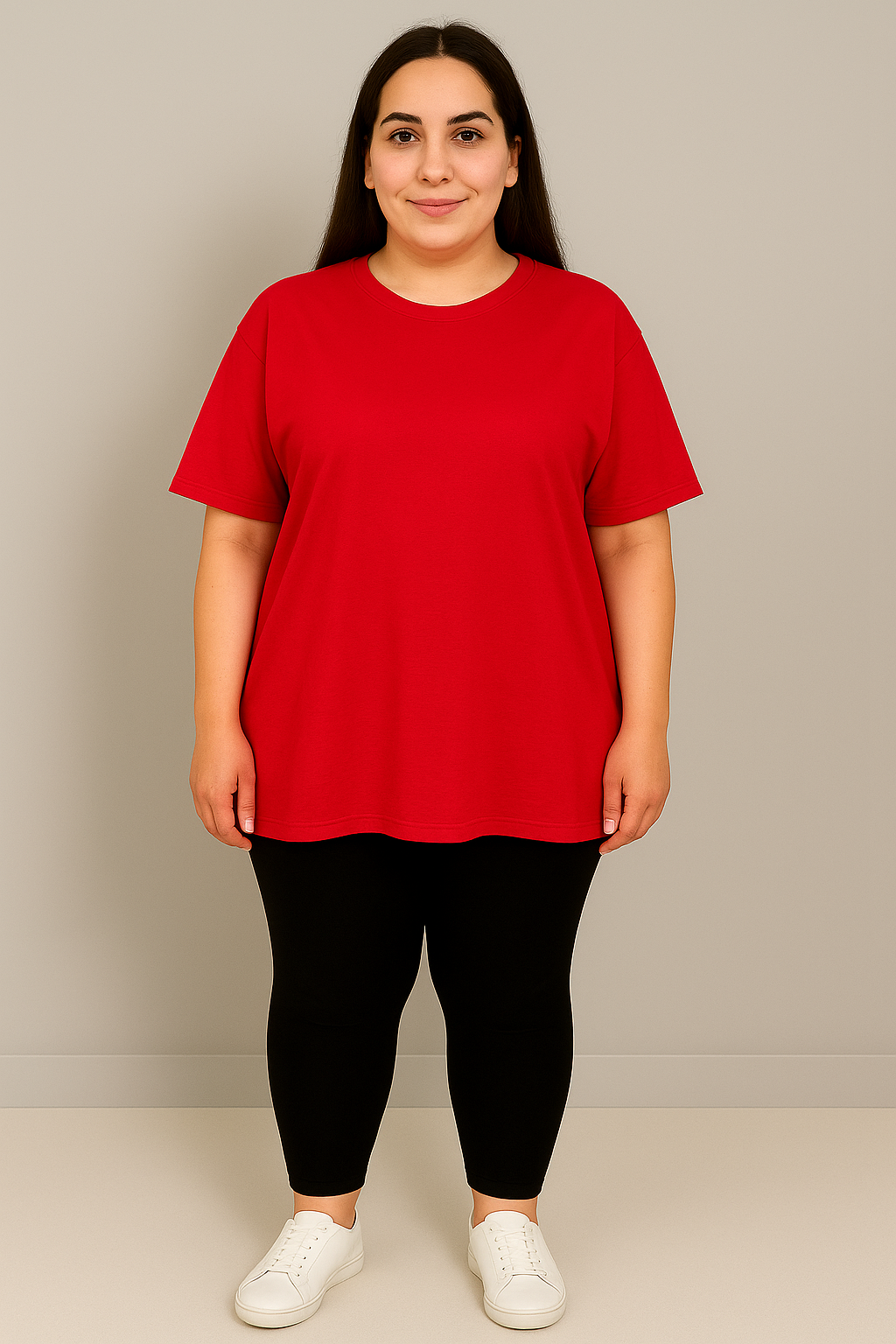 Kadın Büyük Beden Kısa Kollu Bisiklet Yaka Basic Oversize T-shirt 1977-25