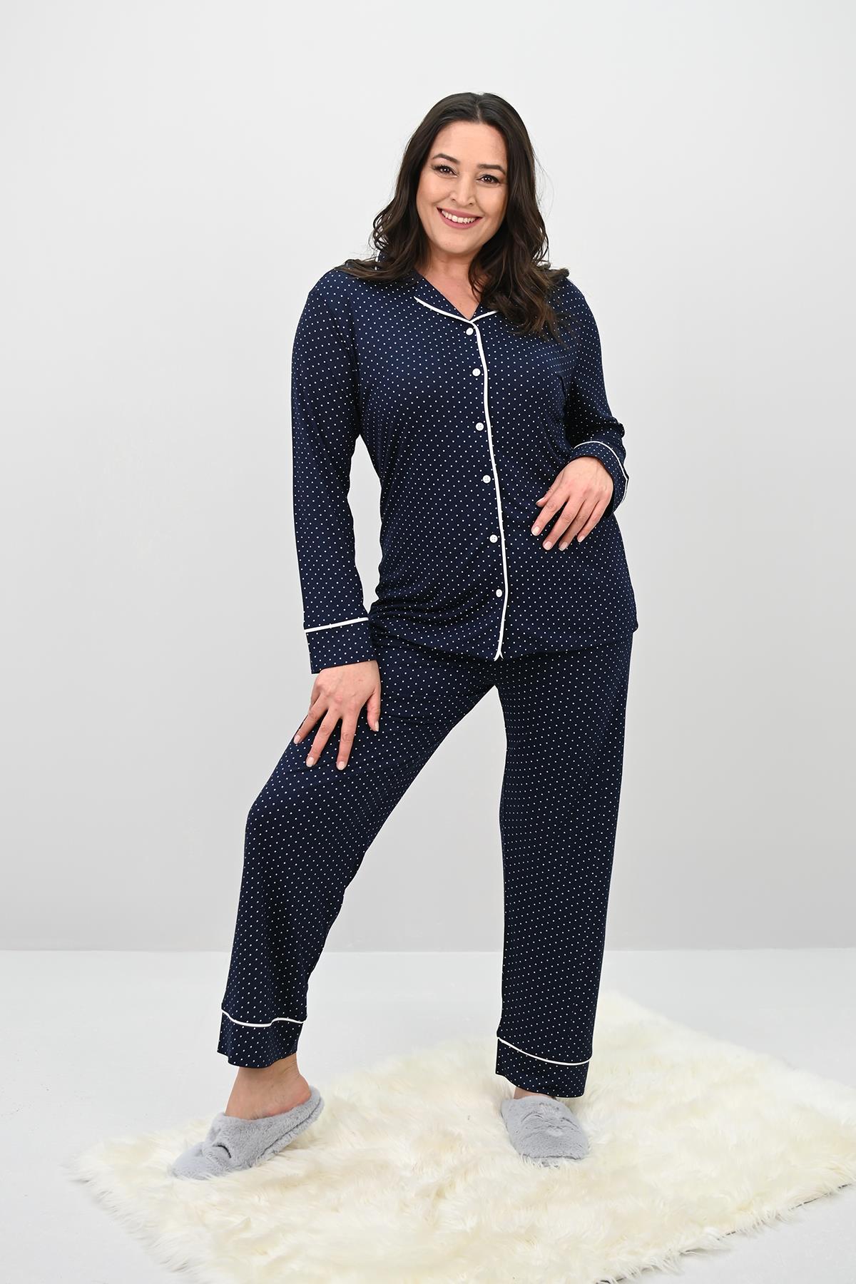 Kadın Büyük Beden Uzun Kollu Önden Düğmeli Pijama Takımı 4234-25