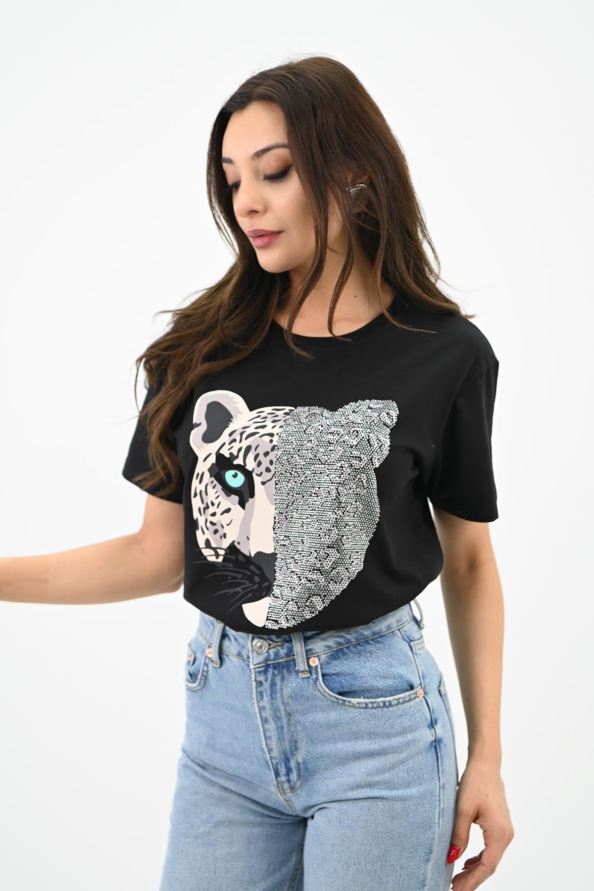 Kadın Leopar Baskılı T-shirt 1731-24