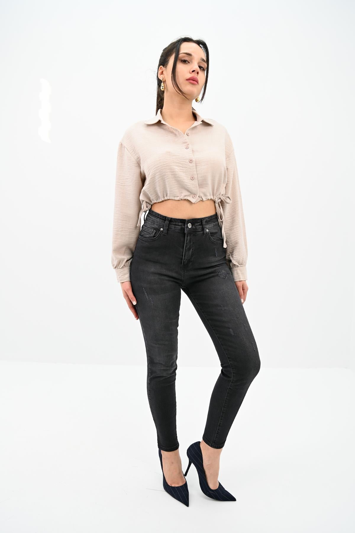 Kadın Yüksek Bel Füme Jean Pantolon 6189-23