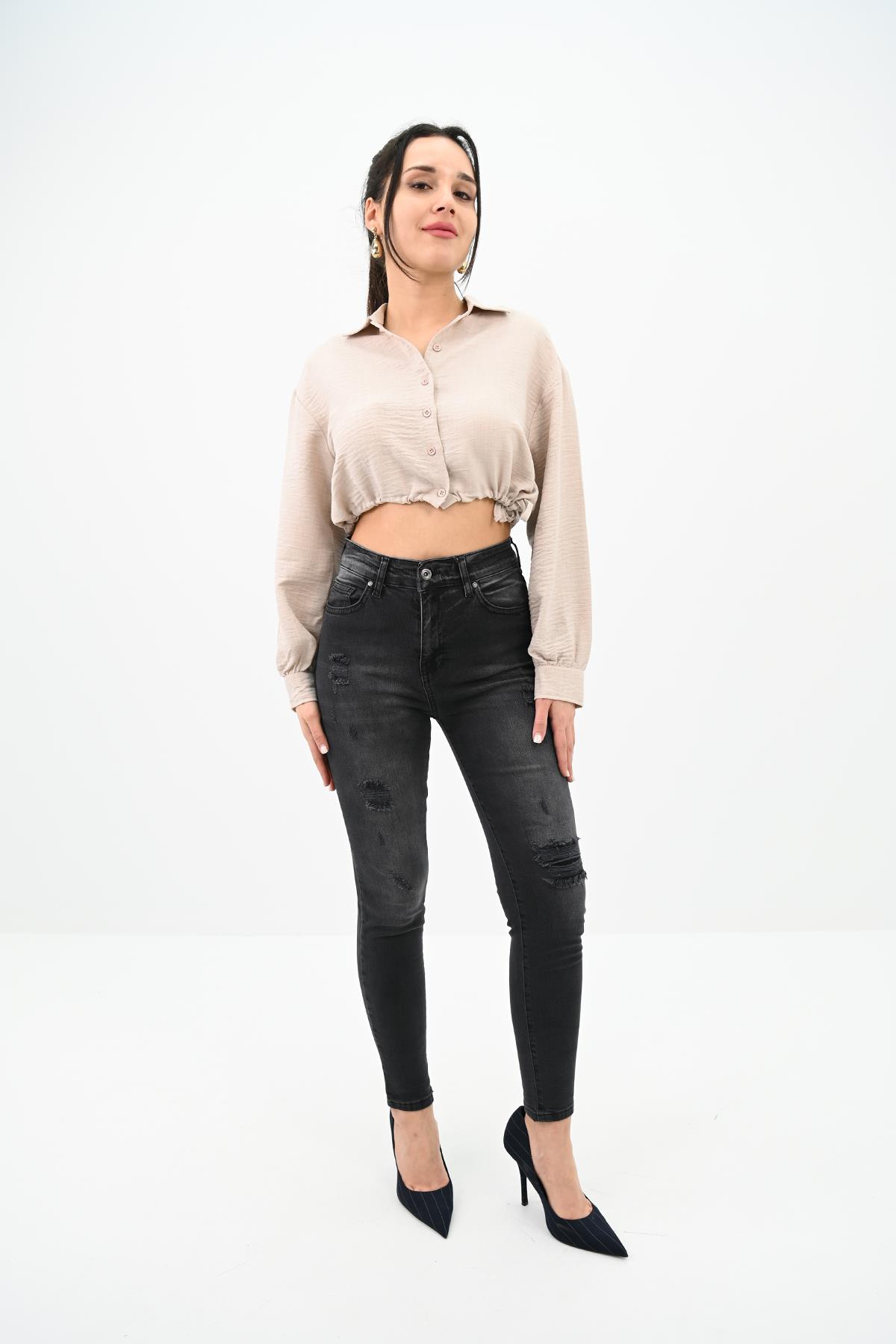 Kadın Yüksek Bel Yırtmaçlı Füme Jean Pantolon 6190-23