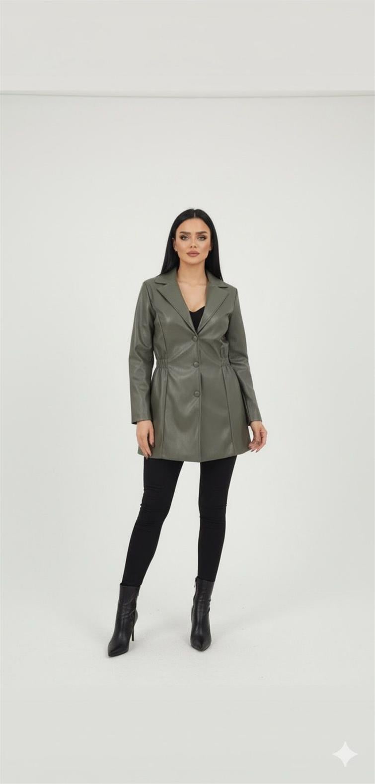 Kadın Astarlı Vatkalı Kruvaze Yaka Deri Ceket 2505-26 15014