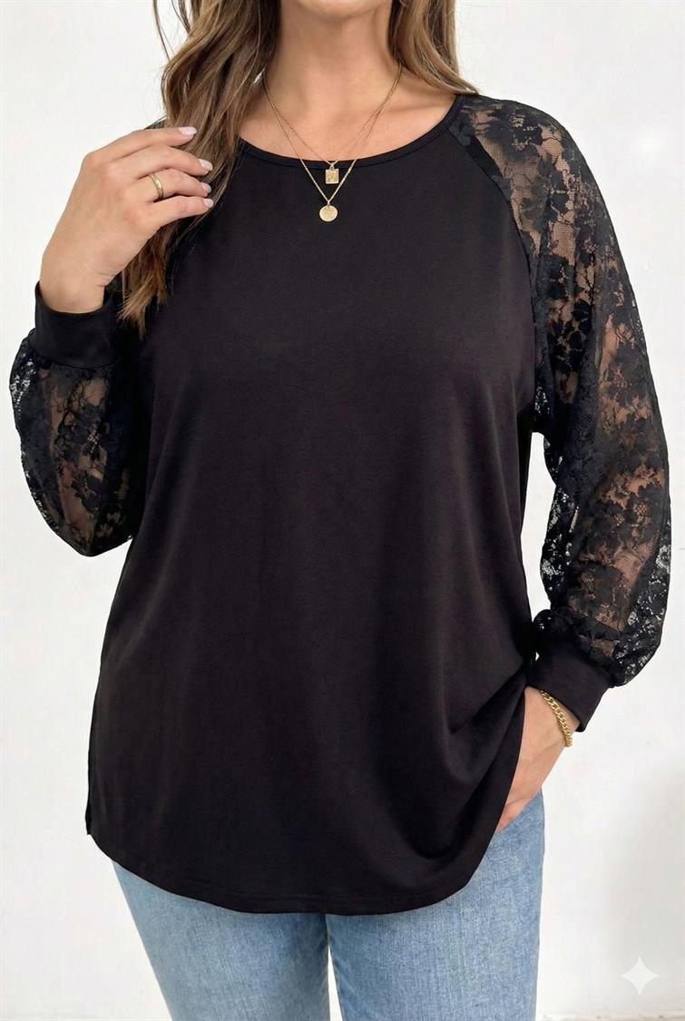 Kadın Büyük Beden Dantel Kollu Pamuklu Bluz 2035-26