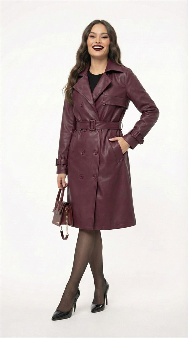 Kadın Deri Kuşaklı Astarsız Trençkot 2500-26-1 (18018)