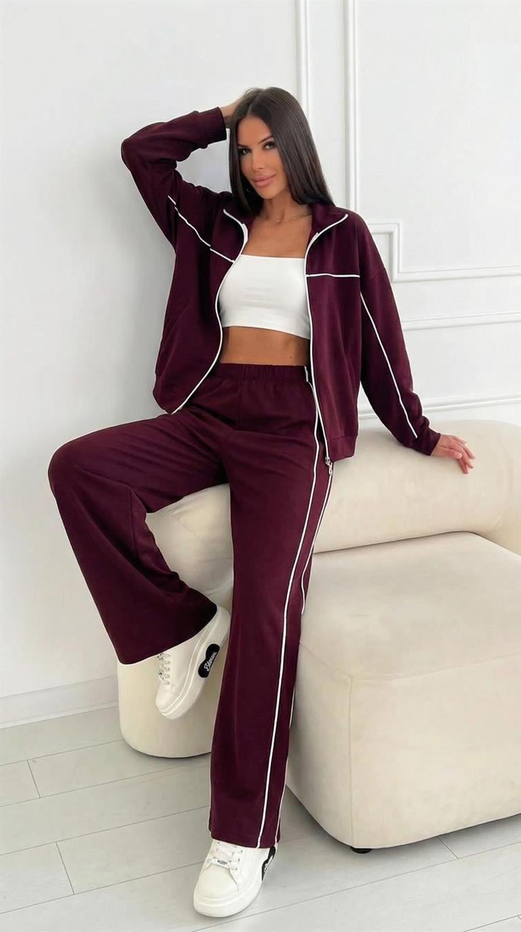 Kadın Uzun Kollu Fermuarlı Ara Biye Detaylı Bol Paça Eşofman Takımı 4368-26