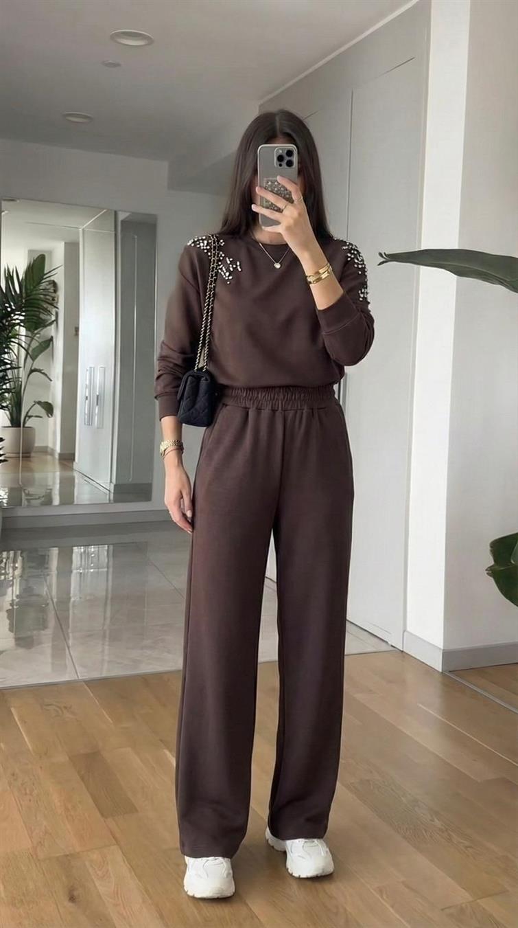 Kadın Uzun Kollu Omuz Taş Detaylı Bol Paça Eşofman Takımı 4369-26