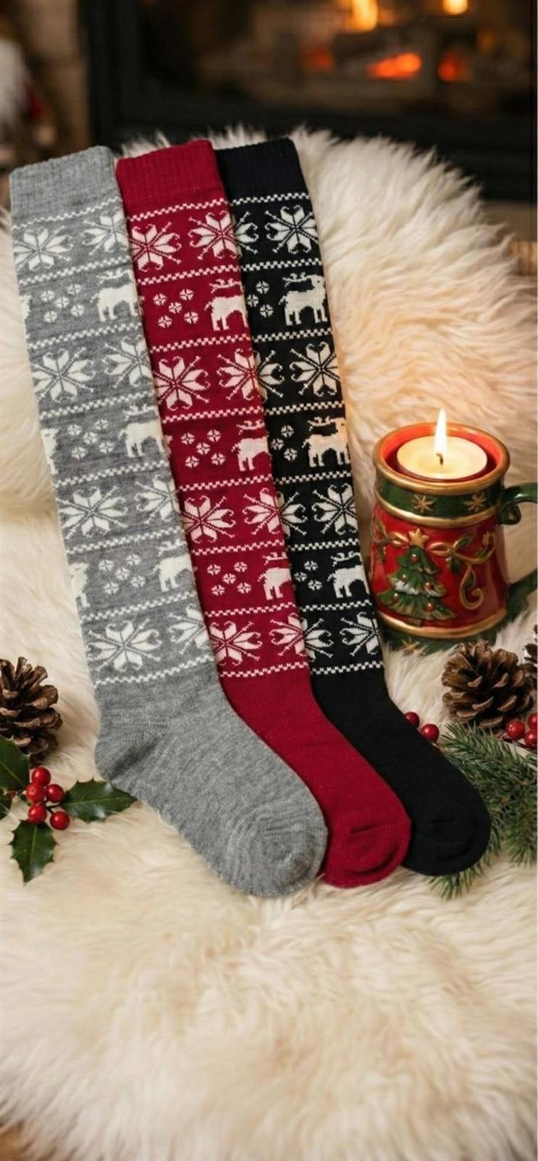 Yılbaşı Desenli Diz Üstü Uzun Çorap 0099-26