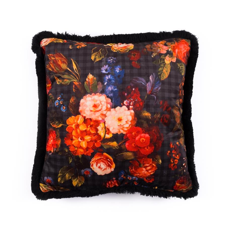 Warm Winter Çiçekli ve Siyah Püsküllü 43x43 cm Kare Kırlent Kılıfı