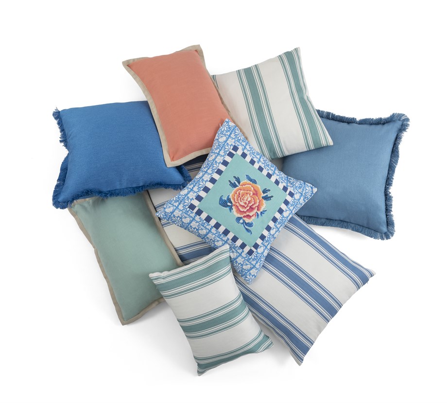 Aqua Marine Pamuklu Beyaz Turkuaz Çizgili Kare Kırlent Kılıfı