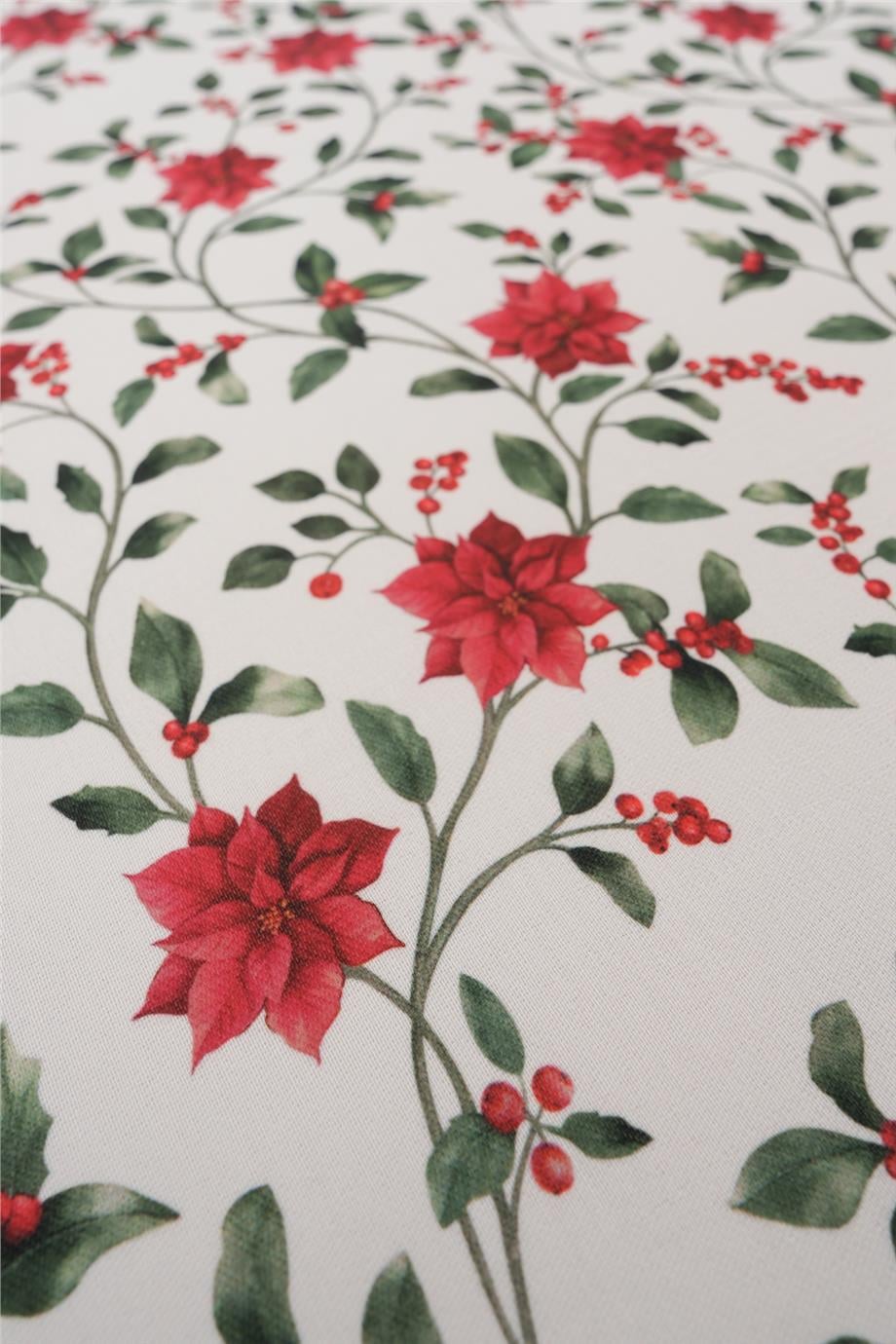 Kırmızı Poinsettia Detaylı Yılbaşı Masa Örtüsü