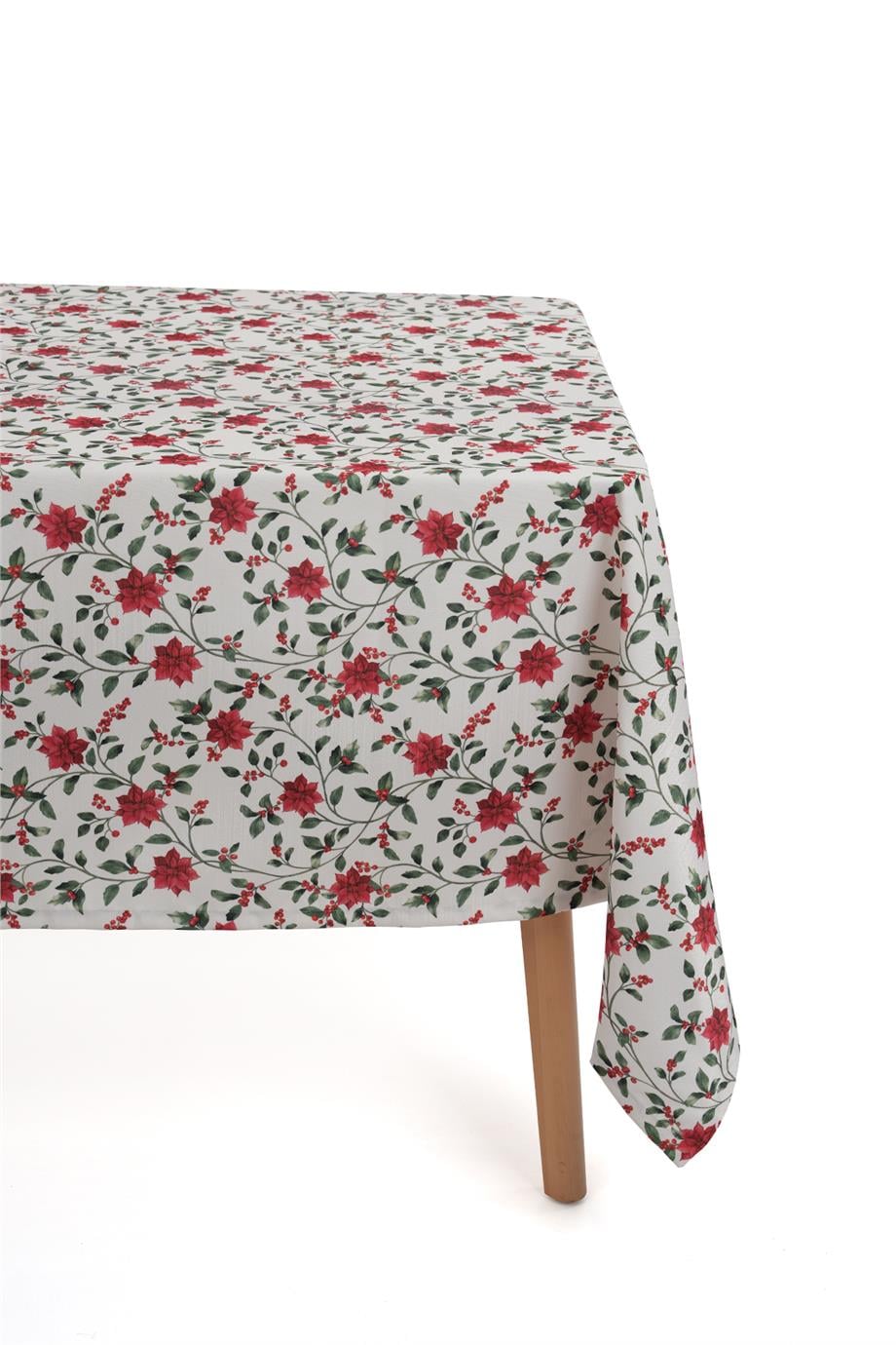 Kırmızı Poinsettia Detaylı Yılbaşı Masa Örtüsü