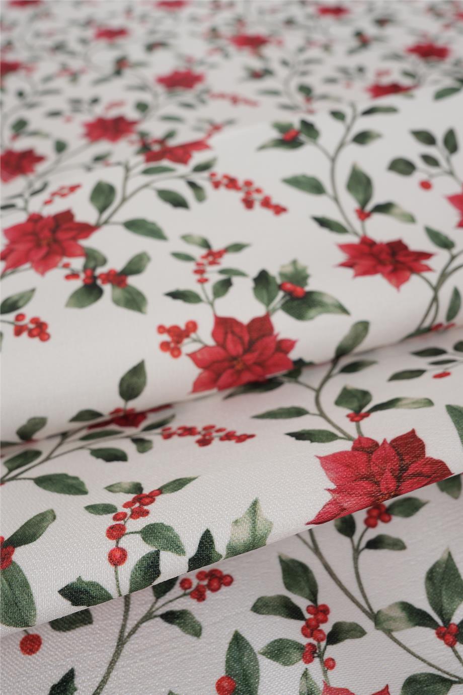 Kırmızı Poinsettia Detaylı Yılbaşı Masa Örtüsü