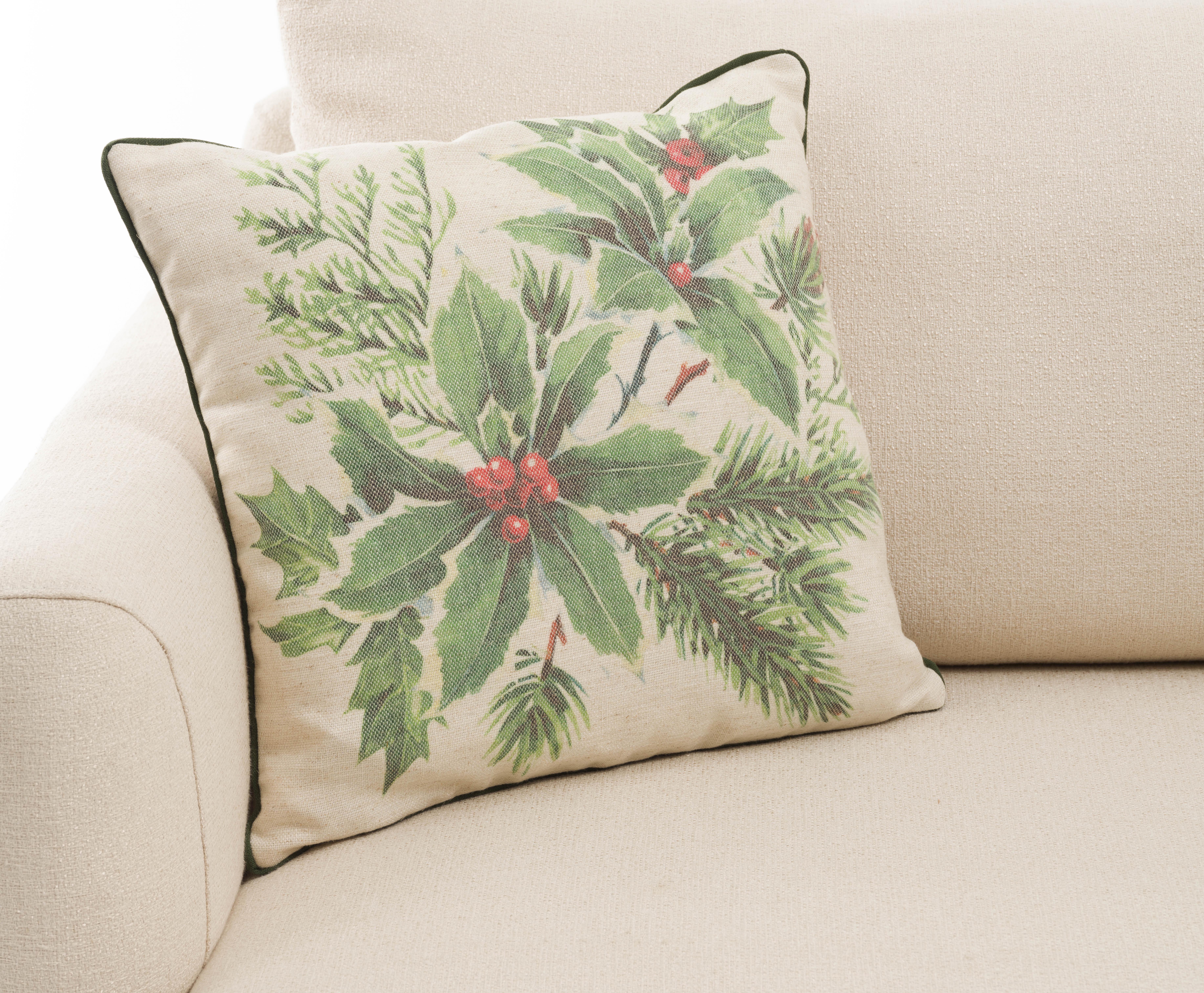 Yılbaşı Kokina Yaprak Baskılı Biyeli 45x45 cm Kırlent Kılıfı