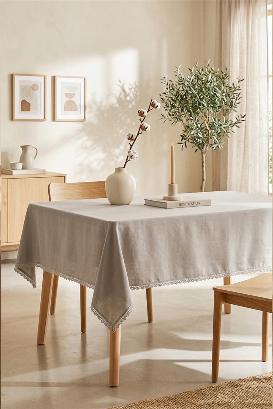 Multi Flower Dantel İşlemeli Gri Masa Örtüsü