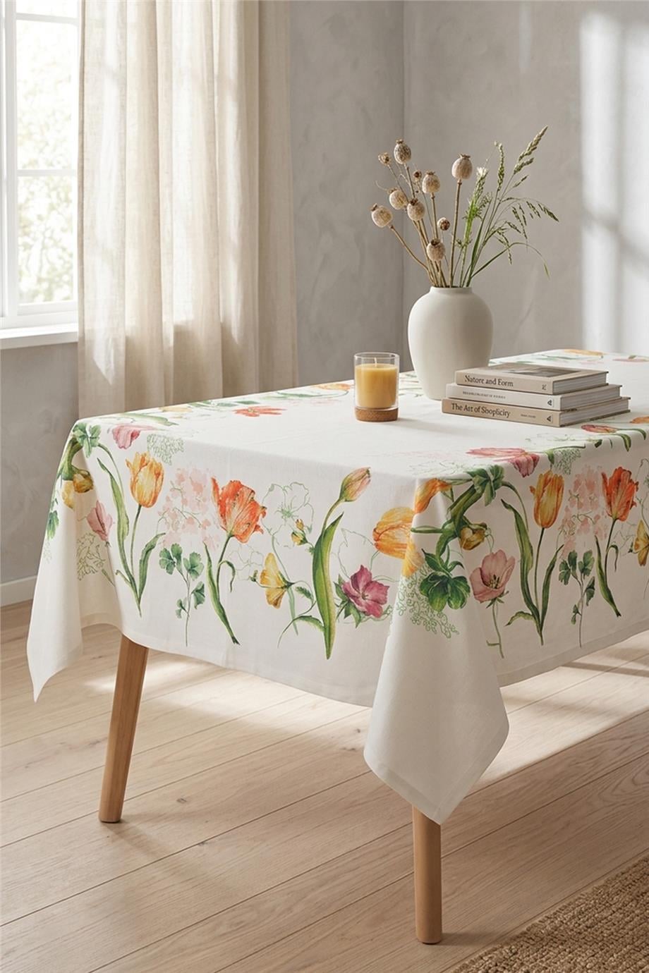Multi Flower Lale Detaylı Renkli Masa Örtüsü