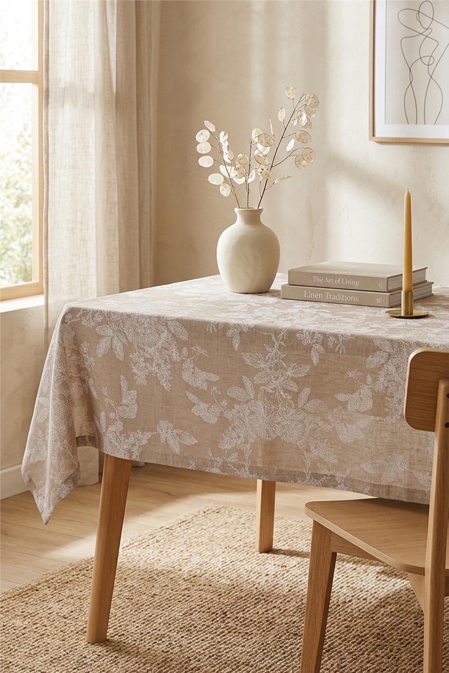 Romantic Floral Çiçek Desenli Kahverengi Masa Örtüsü
