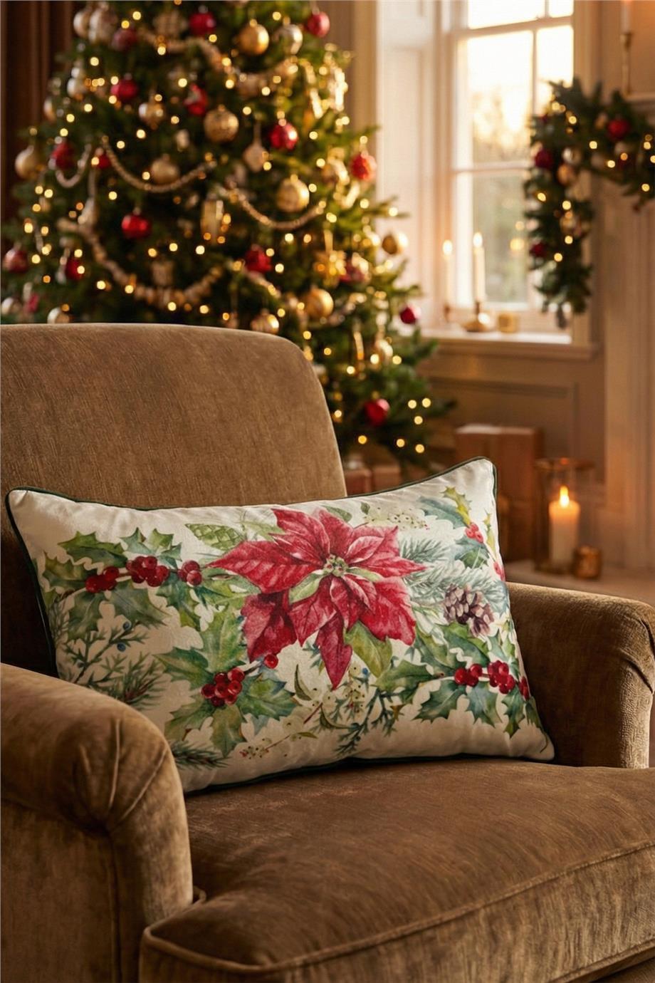 Yeşil Biyeli Poinsettia Detaylı Yılbaşı Kırlent