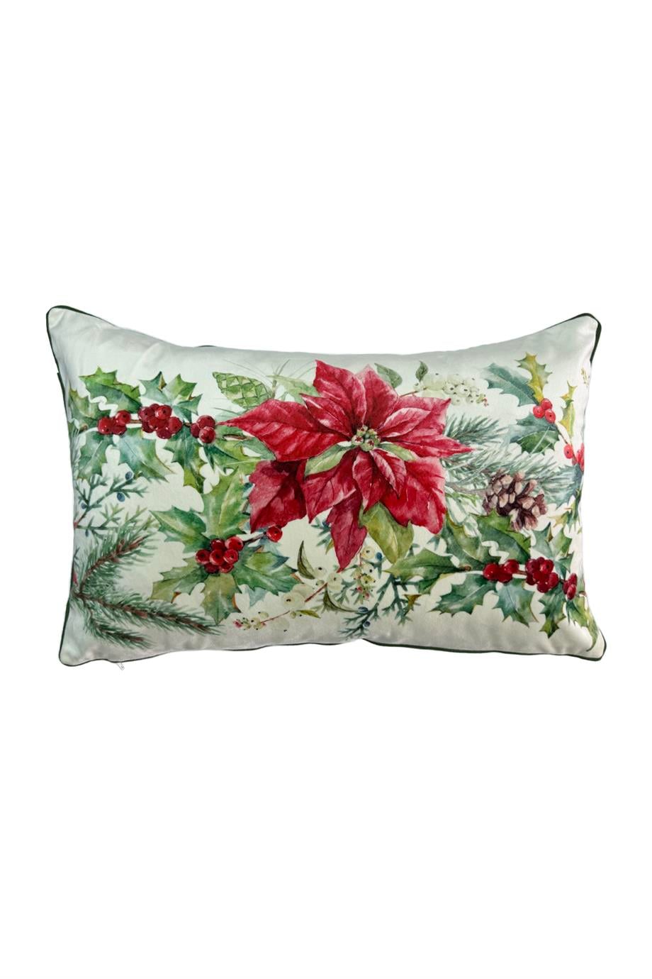 Yeşil Biyeli Poinsettia Detaylı Yılbaşı Kırlent