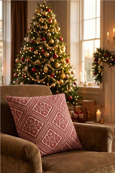 Kar Kristali Temalı Kırmızı Yılbaşı Kırlent Kılıfı