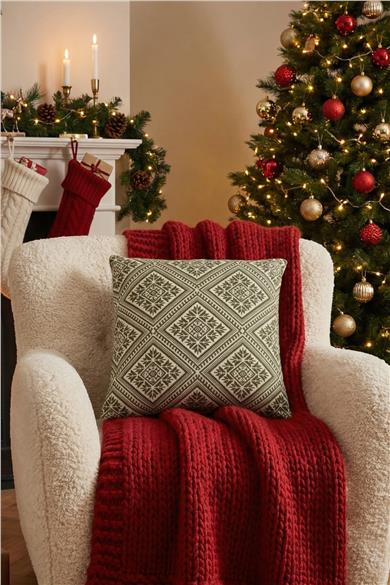 Kar Kristali Temalı Yeşil Yılbaşı Kırlent Kılıfı