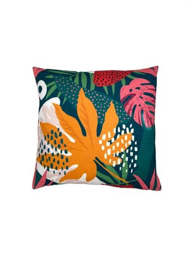 Multi Flower Tropikal Temalı Yaprak Desenli Çok Renkli 50x50 Kare Kırlent Kılıfı